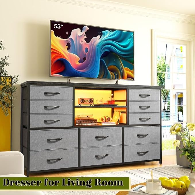 Dresser for Bedroom with LED Lights & Power Outlets 12 Drawers Dresser TV Stand for 60''TV Fabric Dressers & Chest of Drawers, Sturdy Metal Frame, Closet, Living Room, Grey, 49.2''W*11.8''D*35.4''H