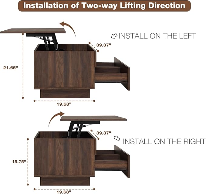HOMMPA Modern Lift Top Coffee Table with Storage for Living Room, LED Coffee Table, Wooden Lift Table Top Dining Table with 2 Drawers Hidden Compartment & Metal Frame, Walnut
