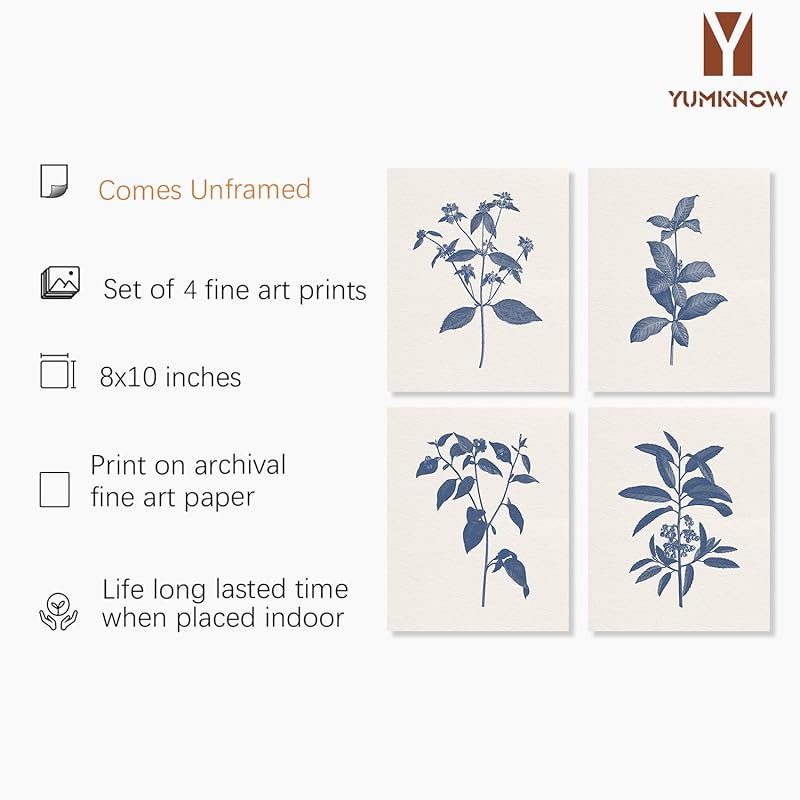 French Country Minimalist Plant Wall Decor - Blue Botanical Sketch Drawing Etching Wall Art - Farmhouse Leaf Poster Kitchen - Beige Neutral Vintage Flower Print Picture - Antique Minimal Blue Floral