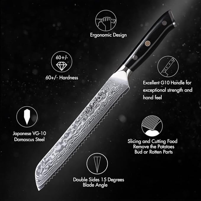 Professional serrated Bread Knife 8 Inch - Classic Damascus pattern Japanese VG-10 Steel Kitchen Knives