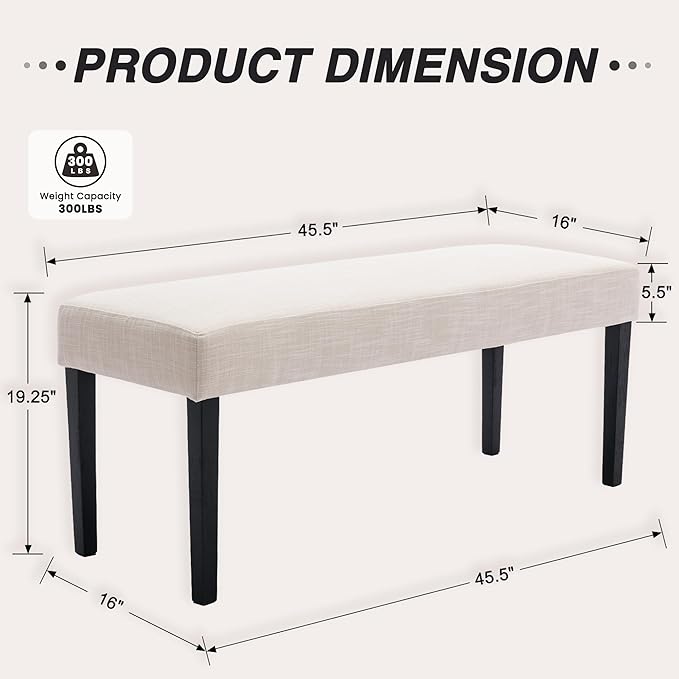 Farmhouse Upholstered Dining Bench Seat Set of 2, 45" Linen Fabric Entryway Bench with Black Wood Legs, Mid Century Modern End of Bed Bench for Kitchen Bedroom Living Room Hallway, Beige