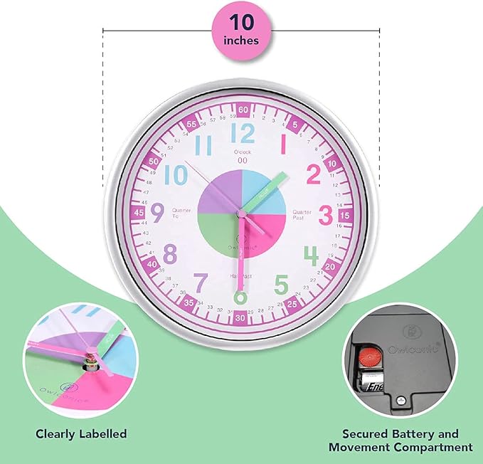 OWLCONIC Telling Time Teaching Clock for Kids - Analog for Bedrooms, Playroom, Homeschool Decor, School Classroom Learning, Educational for Learning to Tell Time