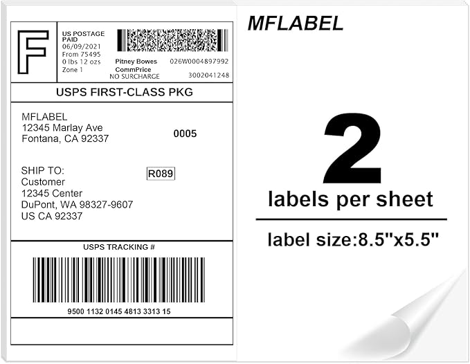 MFLABEL Half Sheet Shipping Labels - 8.5" x 5.5" Adhesive Packaging Labels for Laser & Inkjet Printers, 100 Self-Adhesive Stickers (25 Sheets) for Boxes, Mail, FBA & DIY Projects