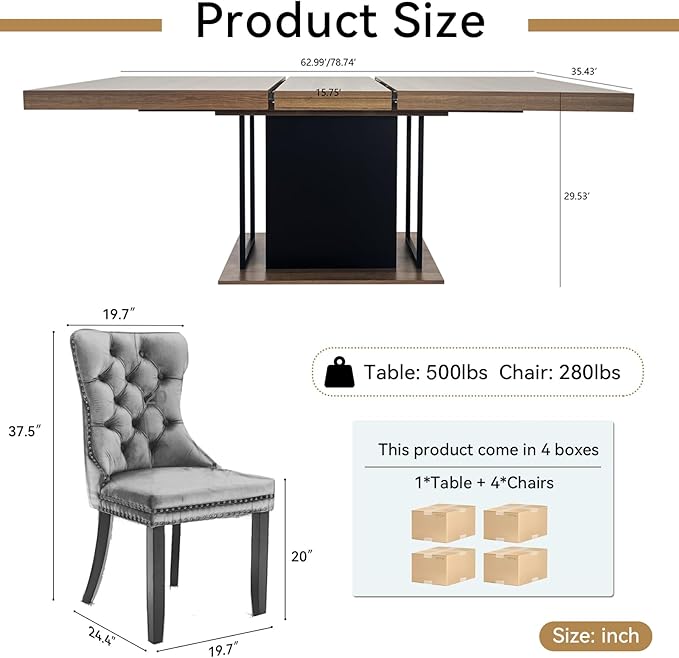 Goujxcy 78.7" Farmhouse Extendable Dining Room Table Set for 4, 5-Piece Rectangle Kitchen Dining Room Table Set with Wood Base and 4 Green Velvet Dining Chairs, Extending Kitchen & Dining Table Set
