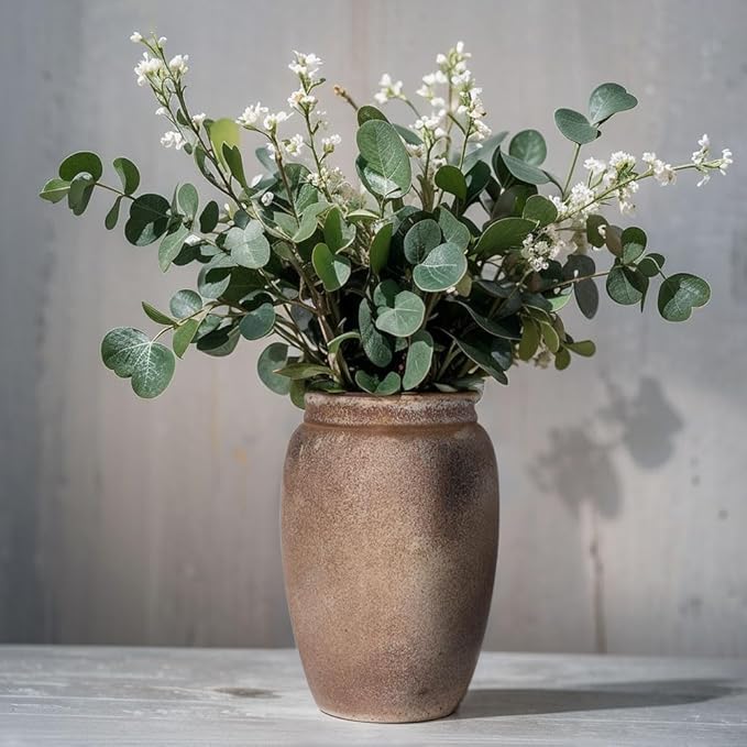 Rustic Farmhouse Ceramic Vase, 8.1" Tall Vintage Pottery Vases, Terracotta Decorative Boho Pampas Flower Vase, Suitable for Home Decor Living Room Entryway Table Bookshelf Mantle Shelf Decor