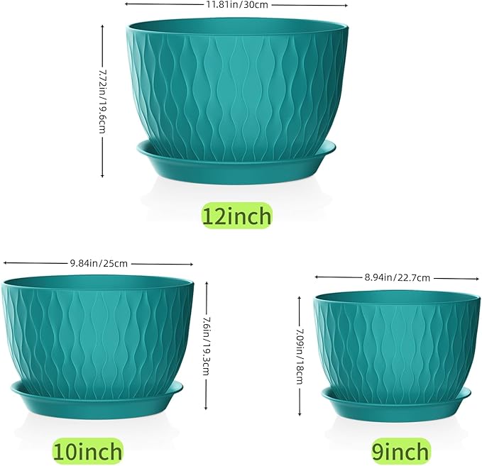 12/10/9 Inch Plant Pots, 3 Pack Large Flower Pots for Indoor and Outdoor Plants with Water Ripples, Large Plastic Flower Pots with Drainage Holes and Tray for Garden Indoor Plants
