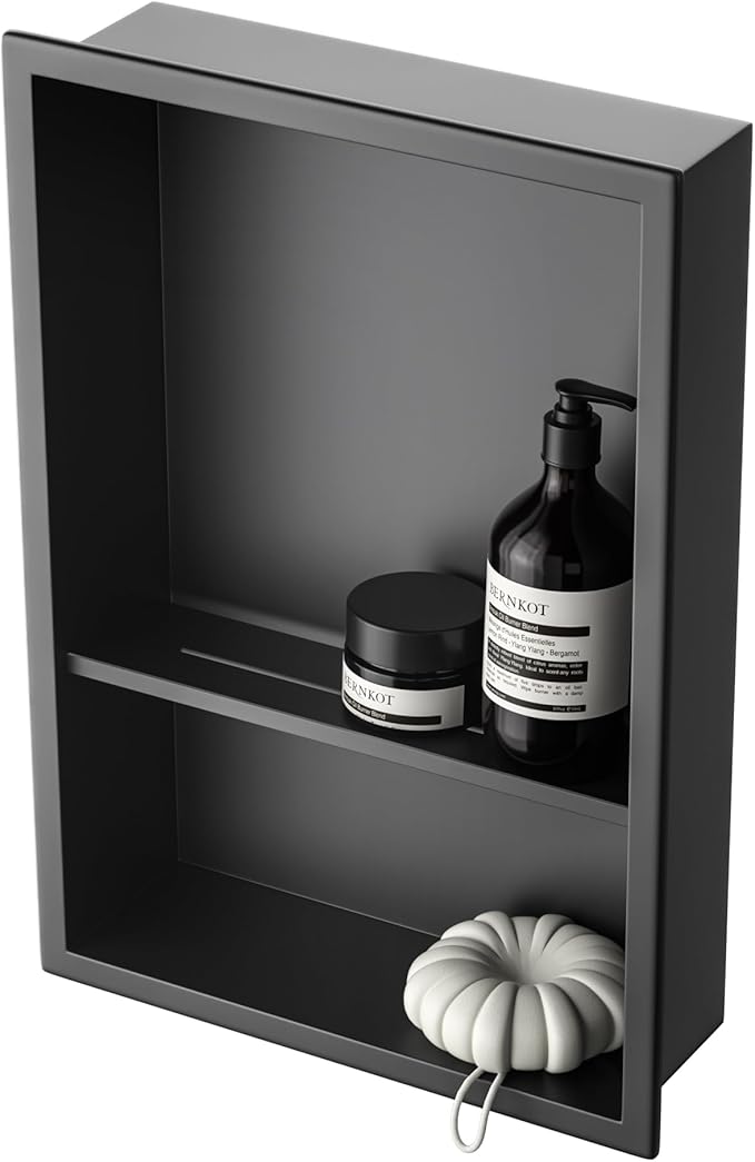 Stainless Steel Shower Niche 18" X 12" Matte Black No Tile Needed Vertical Niche Shower with Two- Tier Shelves Recessed Wall Niches for Bathroom Storage Over Mount Installation
