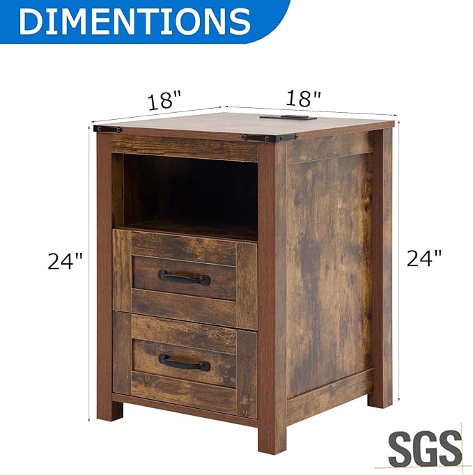 Farmhouse Nightstand Set of 2 with Charging Station & Drawers, Brown Wood Bedside Table, End Table with 2 Storage Drawers & USB Ports for Bedroom, Dorm, Brown