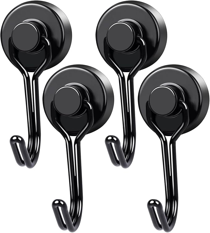 MIKEDE Magnetic Hooks 4 Pack, 40Lbs Heavy Duty Neodymium Magnet Hooks Black Magnetic Swivel Hooks for Hanging, Rust Proof Strong Magnets with Hook Magnetic Metal Hanger for Storage