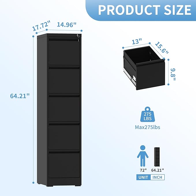 AQY 5 Drawer File Cabinet with Lock, Metal Black Filing Cabinets for Home Office, 18" Deep Heavy Duty Vertical Storage Cabinet for Hanging A4/Letter/Legal Size Files, Assembly Require