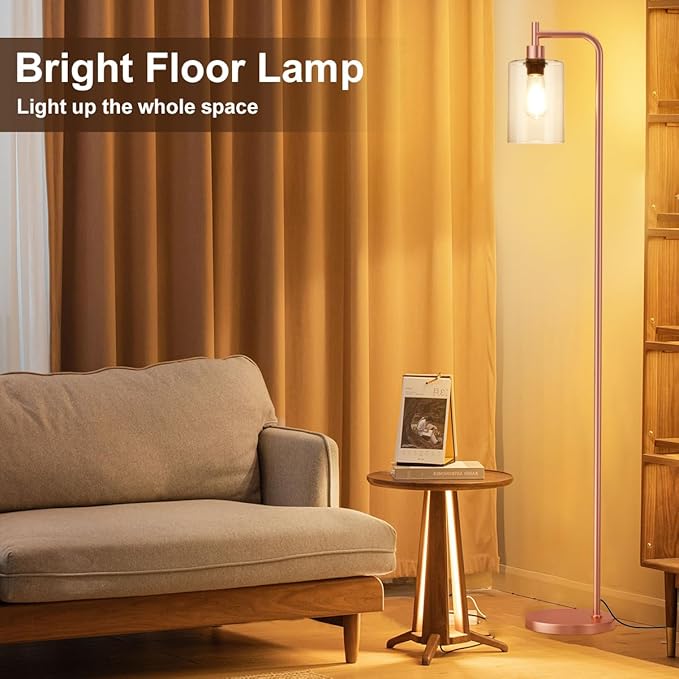 Floor Lamp with Clear Glass Shade - Industrial Standing Lamp with LED Bulb, Modern Tall Floor Lamps for Living Room Bedroom Office - Pink