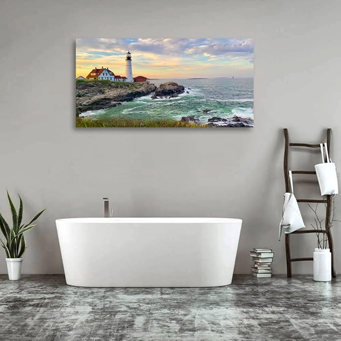 tigeridge Portland Head Light Wall Art Sunset Lighthouse Canvas Wall Art for Living Room Ocean Canvas Pictures Seascape Artwork Canvas Prints Office Home Wall Decor Framed Ready to Hang 20" x 40"
