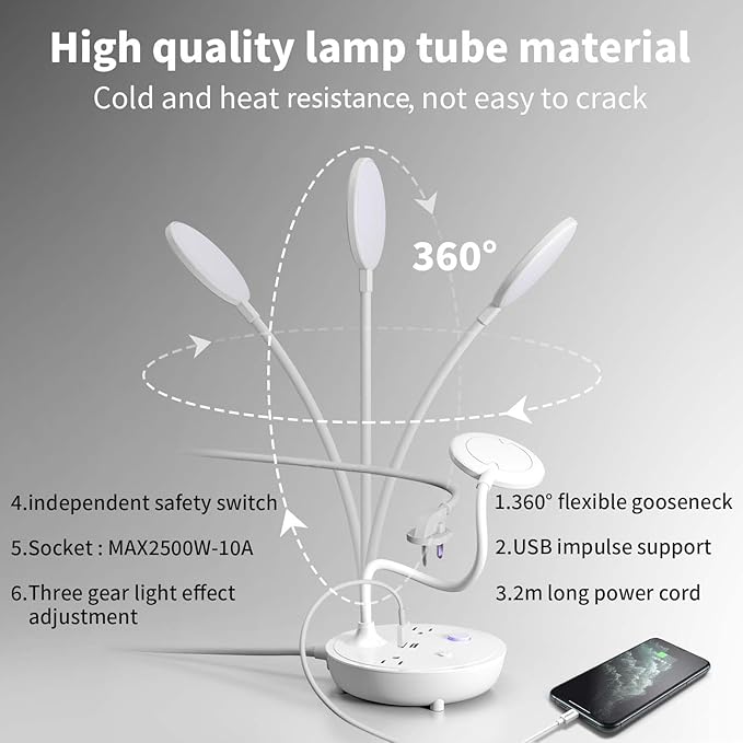 Bodun LED Desk Lamp with 2 USB Charging Port and 2 AC Power Outlet - Adjustable Gooseneck, 3 Level Brightness, Eye-Caring Small White Table Lamp for Home Office College Dorm Room Essentials