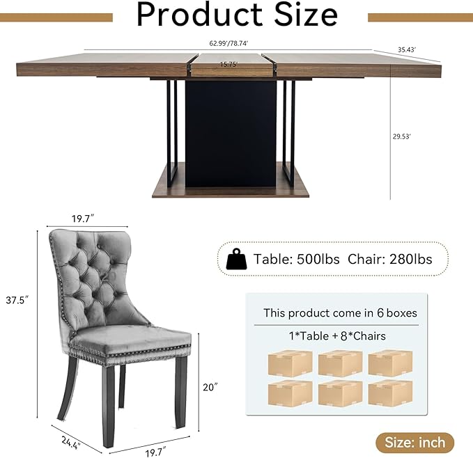Goujxcy 78.7" Farmhouse Extendable Dining Room Table Set for 8, 9-Piece Rectangle Kitchen Dining Room Table Set with Wood Base and 8 Green Velvet Dining Chairs, Extending Kitchen & Dining Table Set