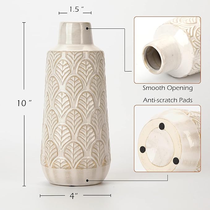 10 Inch White Ceramic Vase, Cute Flower Vase for Pampas Grass, Home, Living Room, Dining Table, Farmhouse, Office Decor, Bedroom, Table, and Kitchen Shelf