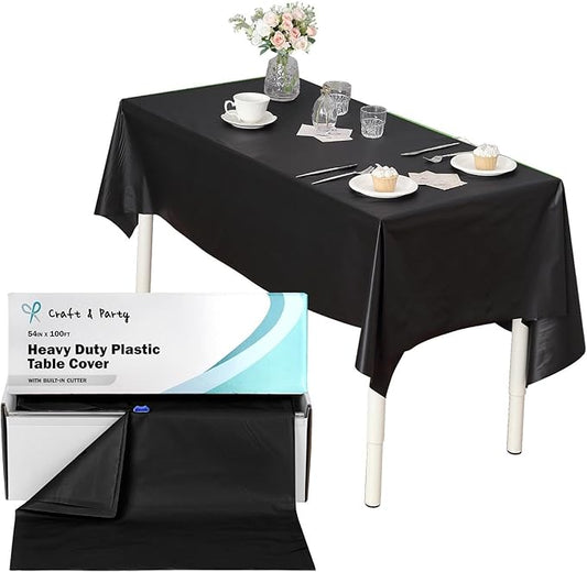 Craft And Party, 54 in x 100 feet Plastic Table Cover Roll for Party, Banquet, Picnic, Kids Activities for Any Size and Shape Table (Black, 54" x 100ft)