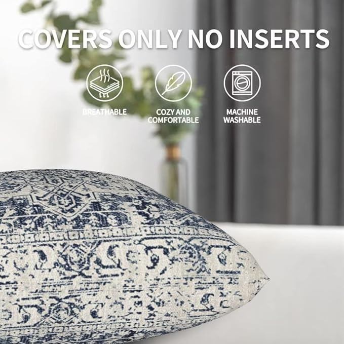 Boho Pillow Covers 20x20 Set of 2, White Navy Blue Carpet Pattern Outdoor Decorative Throw Pillows Ethnic Rustic Farmhouse Cushion Cases Linen Gifts for Couch Sofa Decor