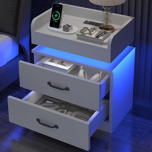 Nightstand with Charging Station, Night Stand with LED Lights, Modern Led End Table Nightstand for Bedroom, Night Stand with 2 Drawers, Bed Side Table with Storage for Living Room (1, White)
