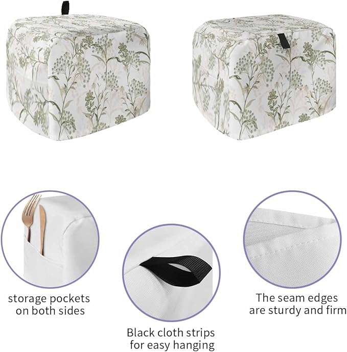 Toaster Cover 4 Slice Sage Green Leaves Toaster Oven Cover with Pockets Fruit Floral Plant Dustproof Bakeware Protector Small Kitchen Appliance Dust Covers and Fingerprint Protection for Women