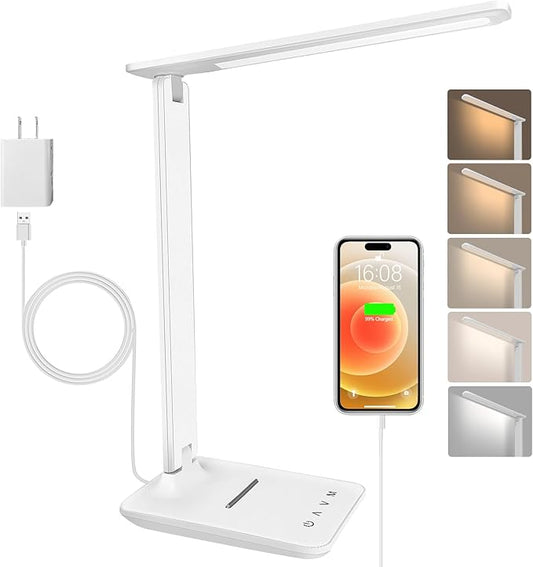 karidi LED Desk Lamp Dimmable Table Lamp with USB Charging Port, 5 Lighting Modes, Sensitive Control, Foldable Portable Desk Light for Home Office Bedroom Reading (White)