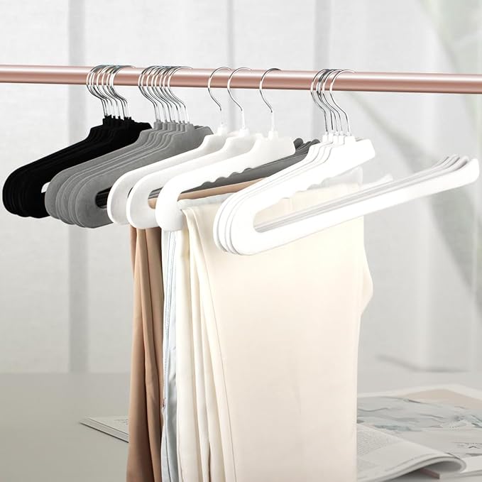 Velvet Pants Hangers,16 Pack Non Slip Felt Slack/Trouser Hanger,Slim & Sleek Heavy Duty Space Saving Closet with 360° Swivel Hook,Tank Top Hangers for Shorts,Jeans,Suit Pants,Towel(Grey)