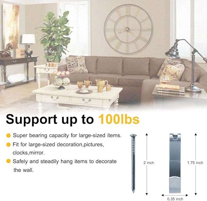 20 pcs Heavy Duty Picture Hooks, FUZANWJ Professional Picture Hangers Support up to 100lbs, Large Picture Hanging Kit on Wooden/Drywall for Canvas, Office Pictures, Clock, House Decoration