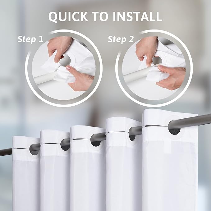 Furlinic No Hook Shower Curtain Fabric,White Waterproof Shower Curtain or Liner Hotel Spa Luxury,Washable Cloth Decoratvie Bathroom Curtains with 10 Plastic Split Grommets,72'' W x 72'' L