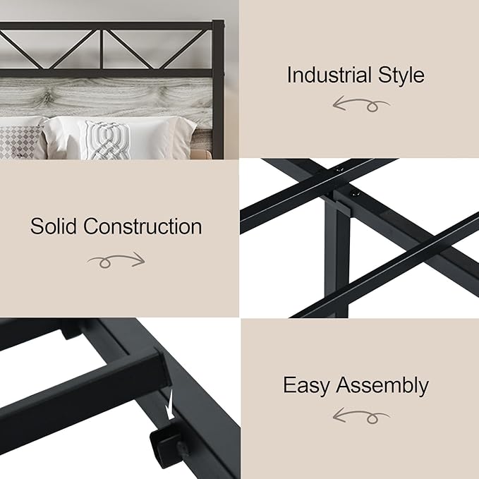 King Size Bed Frame with 51.2" Tall Headboard, Platform Bed Frame with Metal Support, Solid and Stable, Noise Free, No Box Spring Needed, Wash Grey