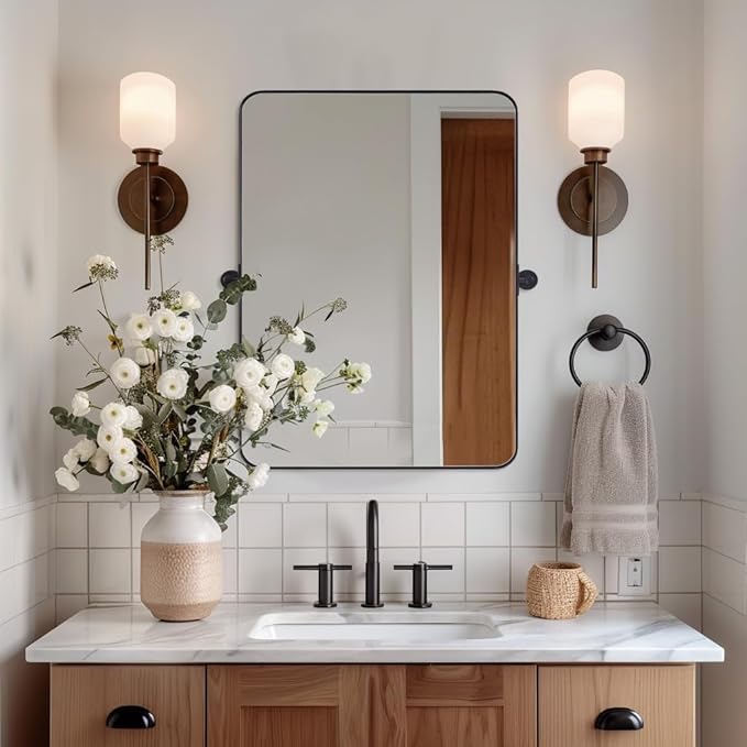 ANDY STAR 20"x30" Matte Black Pivot Mirror for Bathroom, Metal Frame Bathroom Mirrors for Wall，Rectangle Titling Vanity Wall Mirror with Rounded Corner Design Hangs Vertically Only