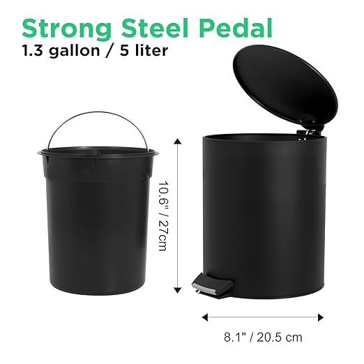 URALFA 2 Pack Small Bathroom Trash Can with Lid Soft Close, Step Pedal, 5 Liter / 1.3 Gallon Stainless Steel Slim Garbage Can for Bedroom, Diaper Waste Basket with Removable Inner Bucket (Matte Black)