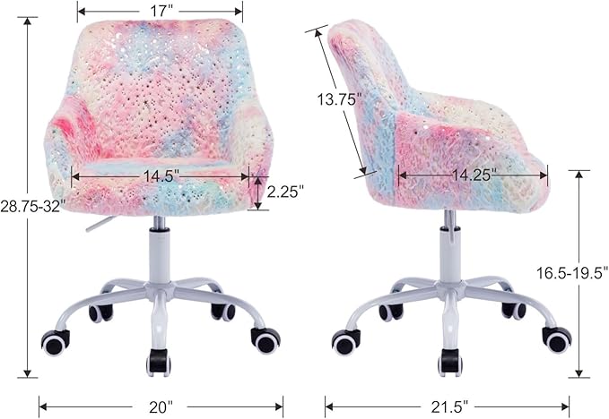 Kids Desk Chair Cute Swivel Reading Chair, Upholstered Adjustable Faux Fur Study Chair with White Wheels for Reading Room Bedroom, Colorful
