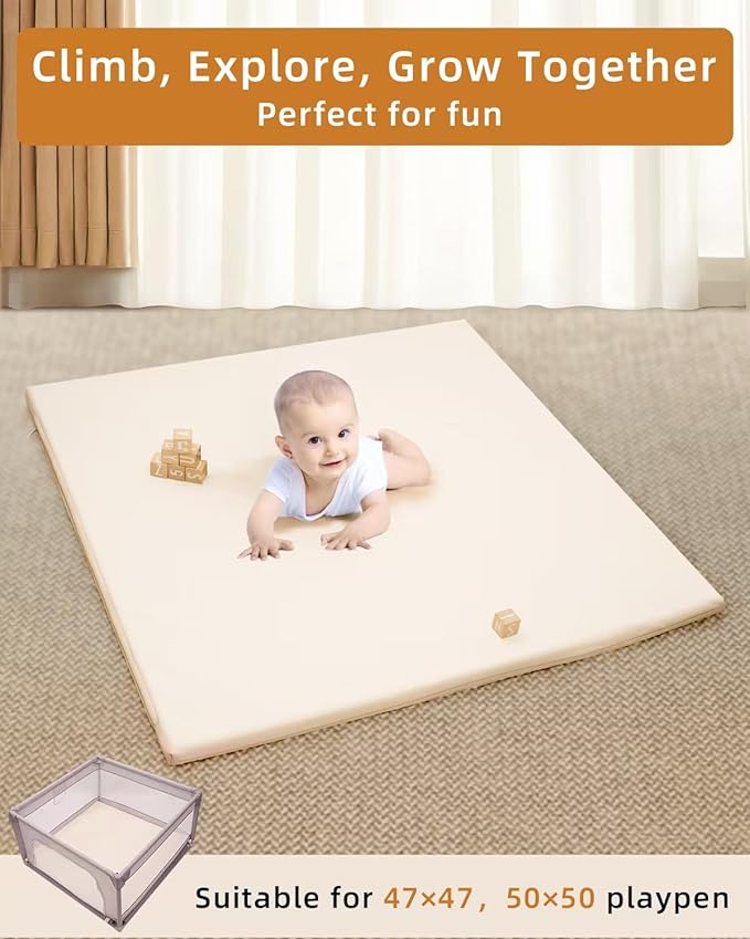 1.2" Padded Baby Play Mat 50x50 Playpen Mat- Extra Thick Waterproof Vegan Leather for Infants and Toddlers, Soft and Easy-to-Clean Floor Mat for Crawling & Play
