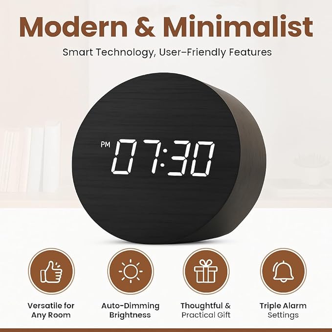 Wooden Alarm Clock Led Aesthetic Modern Alarm Digital Led Light for Desk with Large Display Elegant Aesthetic Gift (Beige)