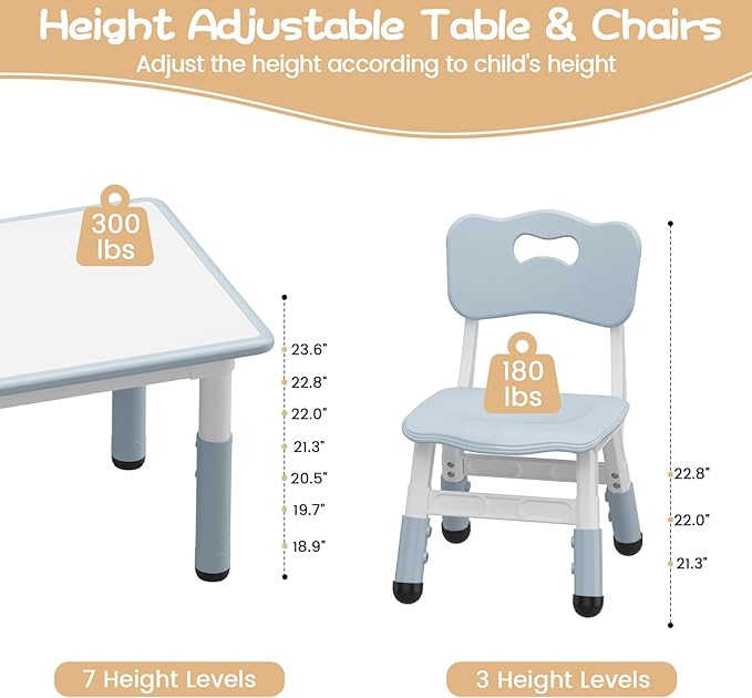 GAOMON Kids Table and 4 Chairs Set, Height Adjustable Toddler Table and Chairs Set for Ages 2-10, Graffiti Desktop, Non-Slip Legs, Child Table for Daycare Classroom Home