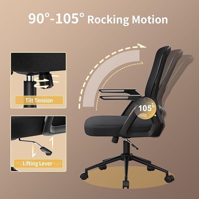 naspaluro Ergonomic Office Chair | Mesh Back, Flip-Up Arms, Lumbar Support | Adjustable Height & Tilt Swivel – Comfortable Desk Chair for Home Office, Study, Work – Black