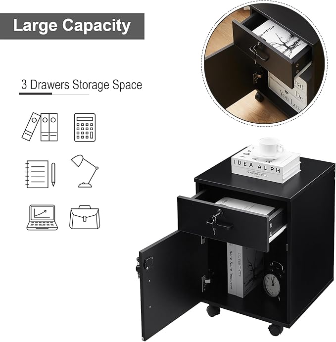 Mobile File Cabinet with Lockable Drawer & Door, Under Desk Storage Cabinet with 360°Swivel Wheels, Wooden Stationery Storage Cabinet for Legal/Letter/ A4 Documents (Black)