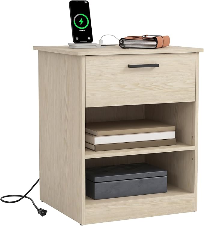 Night Stand with Charger Station, Modern Nightstand with USB Type-C Ports and AC Outlets, Large Bedside Table with Drawer and Open Storage, Wooden End Table for Bedroom (Natural, 1 Drawer)
