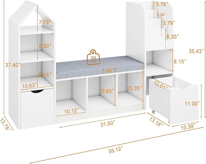 Kids Bookcase and Bookshelf with Reading Nook, Toy Storage Organizer for Kids, White Bookcase with 7 Storage Cubbies 2 Movable Drawers and Seat Cushion for Children's Room, Playroom