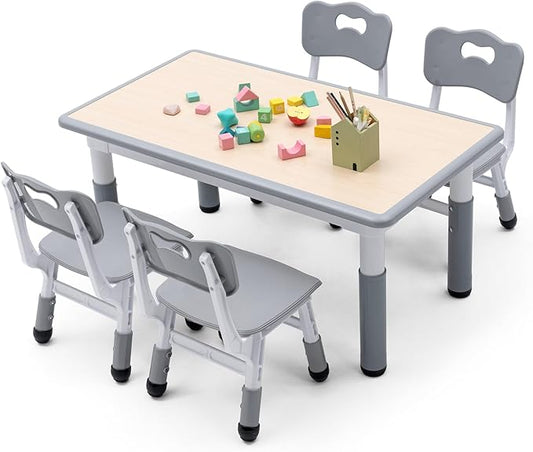 UNICOO Kids Table and Chairs Set, Height Adjustable Multi-Activity Preschool Table with Graffiti Desktop for Ages 2-8 - Versatile Kids Tables for Play, Learning, and Creativity(Maple Top/Gray Border)