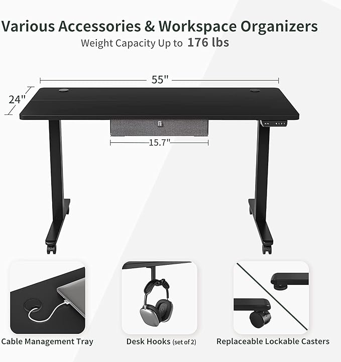 FEZIBO 55x 24 Inches Standing Desk with Drawer, Adjustable Height Electric Stand up Desk with Storage, Sit Stand Home Office Desk, Ergonomic Computer Desk, Black