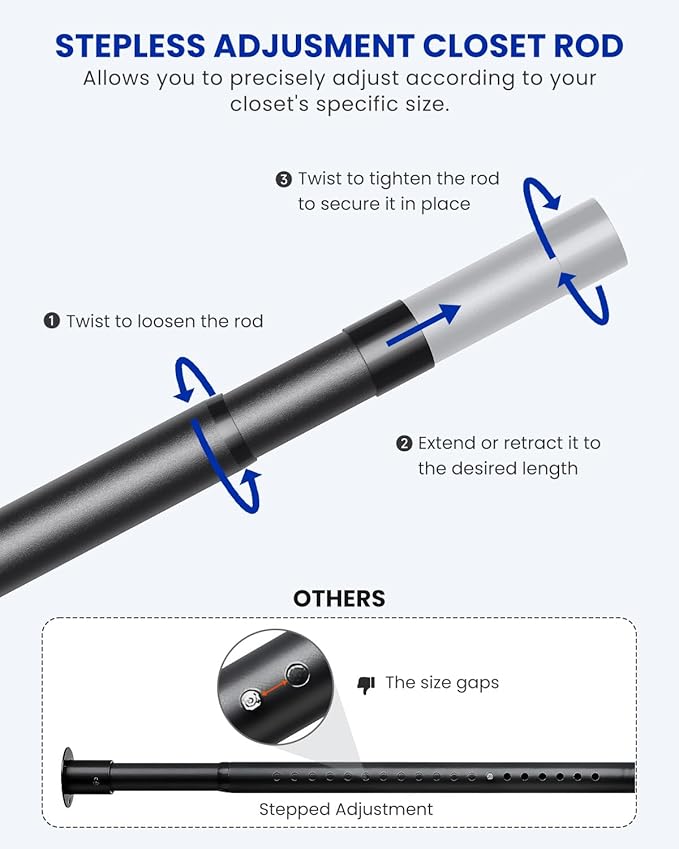 Closet Rods for Hanging Clothes, 17 to 69 Inches Stepless Adjustable Metal Closet Rod, 1.3 Inches Heavy Duty Clothes Hanging Rod for Closet Wardrobes Laundry RV