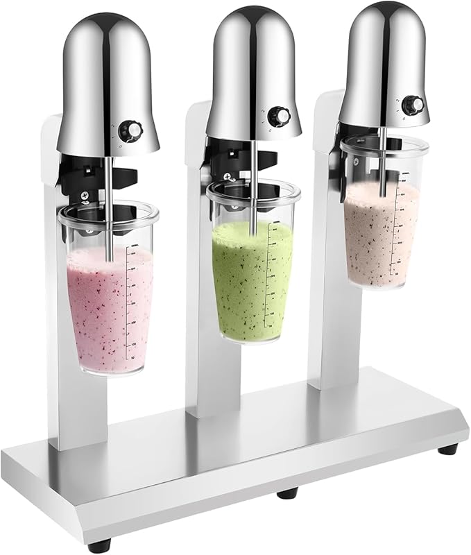 Electric Milkshake Maker, Commercial Stainless Steel Milk Shake Machine, Drink Mixers, 18000r/min & 650ml/Cup, Smoothie Milk Foam Tea Mixer Blender + 6 Cups, 180W 110V (3 Head)