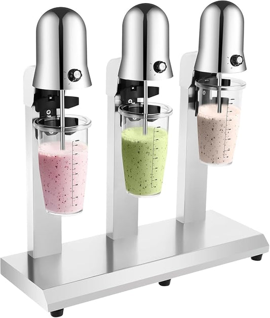 Electric Milkshake Maker, Commercial Stainless Steel Milk Shake Machine, Drink Mixers, 18000r/min & 650ml/Cup, Smoothie Milk Foam Tea Mixer Blender + 6 Cups, 180W 110V (3 Head)