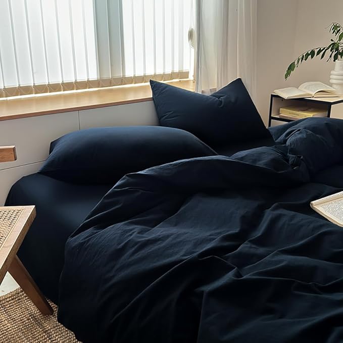 FACE TWO FACE Bedding Duvet Cover Set100% Washed Cotton Duvet Cover Linen Like Textured Breathable Durable Soft Comfy (King, Tibetan Blue)