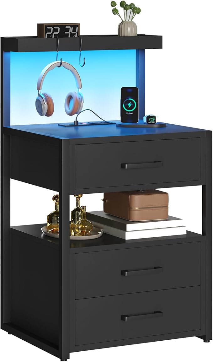 VIAGDO Led Nightstand with Charging Station, 3 Drawers Night Stands with Led Lights, Black Bedside Tables with Storage Shelves, Modern End Side Tables for Bedroom, Office