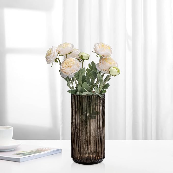 Flower Vase 7.5 inch Amber Thickened Hand Blow Glass Vase Round Vintage Striped Bottles for Bookshelf,Dinner Table,Indoor Office Desktop,Meeting Room,Bathroom,Countertop,Home