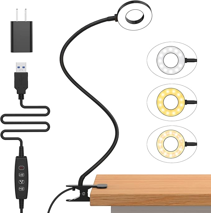 iZELL Desk Lamp, LED Reading Light with Clamp, 3 Color Modes & 10 Brightness Flexible Gooseneck Book Light for Kids Reading Book in Bed at Night Clip on Table, Computer, Zoom Meetings - 27.6‘’ Black