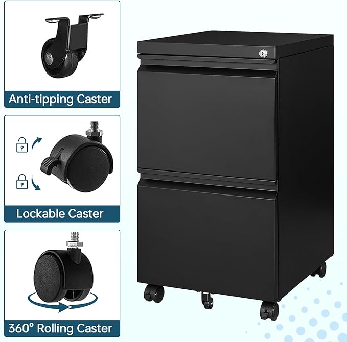 MIIIKO 2 Drawer File Cabinet on Wheels, Home Office Mobile Under Desk with Lock, Vertical Files Drawers for Legal/Letter/A4,Fully Assembled