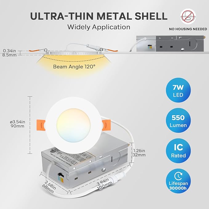 LVWIT 6 Pack 3 Ince LED Recessed Light, 7W 5CCT Ultra-Thin Dimmable Can Lights with Junction Box, High Brightness Canless Wafer Downlight for Kitchen Hallway Dining Room
