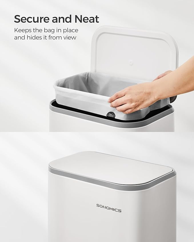 SONGMICS Kitchen Trash Can, 5.2-Gallon (20L) Garbage Can with Lid, Stainless Steel, Soft Close and Stays Open, Inner Bucket, Wide Non-Slip Pedal, Cloud White ULTB542W20